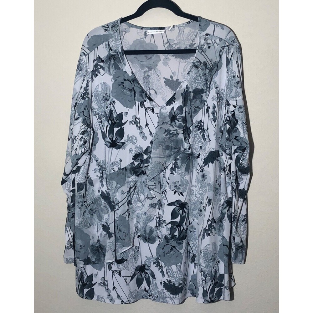 Susan Graver Shirt Womens Plus 2X Slinky Liquid Knit Gray Floral Diagonal Ruffle